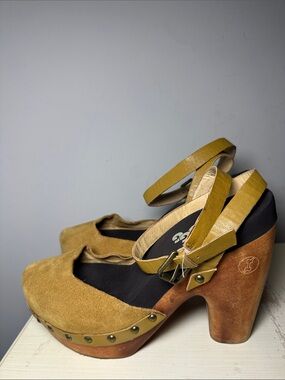 Flogg Women’s Mustard yellow leather suede wood Platform Mary Jane Heels